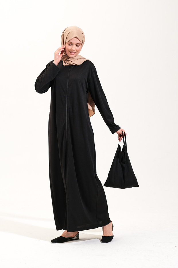 2258_Practical Zippered Hijab Prayer Dress Black Ferace