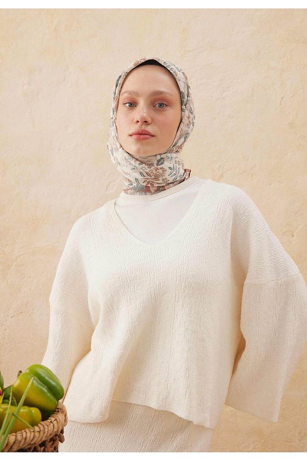 LEAF DESEN PAMUK İPEK EŞARP SOFT KAHVE - 3