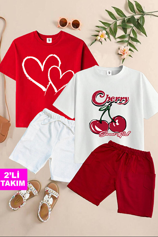 Heart and Cherry Printed 2 Pieces Summer T-Shirt-Shorts Children's Set