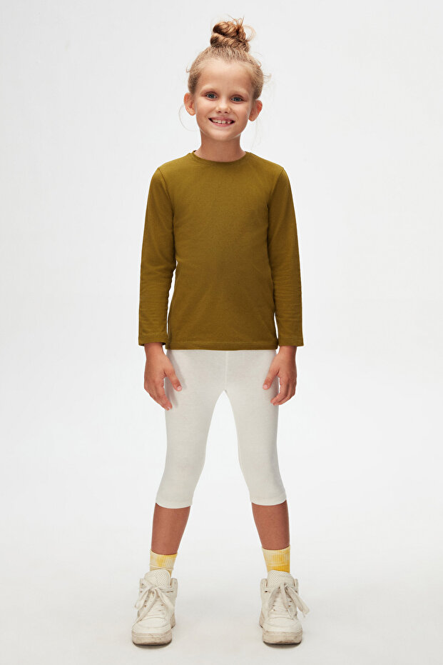 Olive Green Basic Unisex Kids Seasonal Crew Neck Long Sleeve T-Shirt