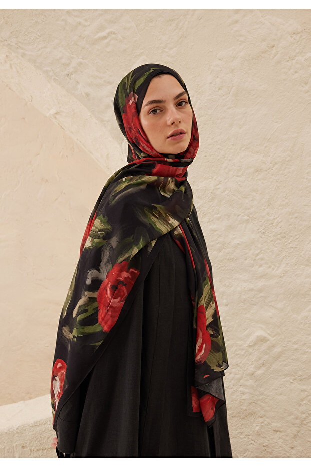 شال أحمر - رم منقوش بالورد الصيفي - 3