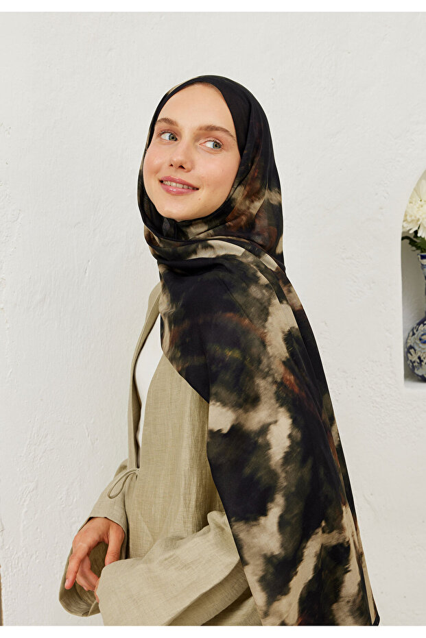 Black Tie-Dye Patterned Ram Shawl - 7