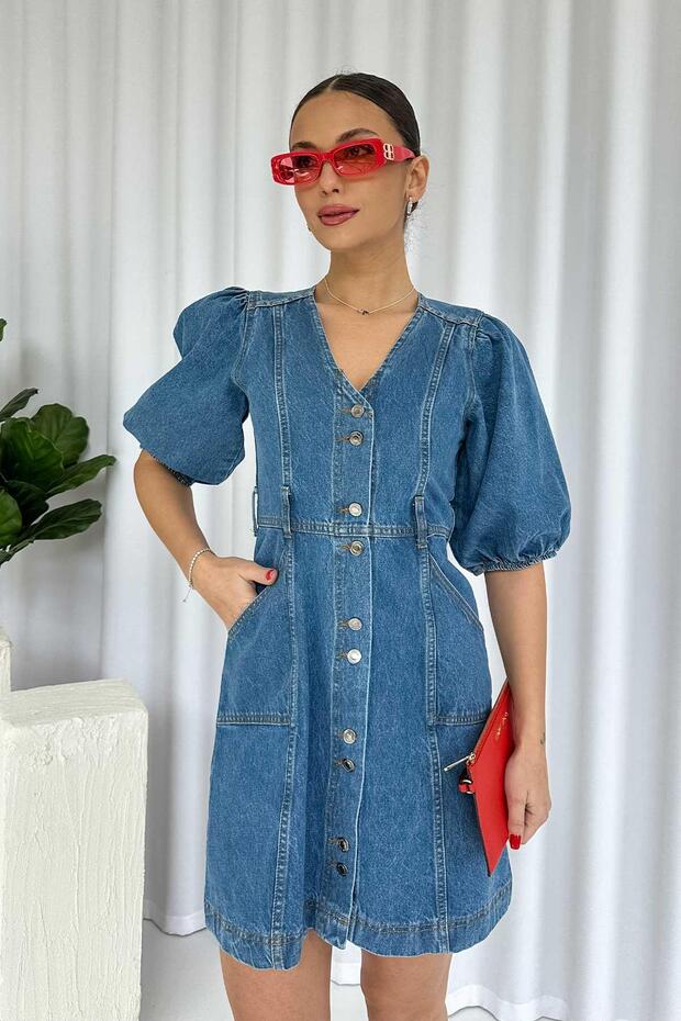 Mini Balloon Sleeve V-Neck Denim Women's Dress - Blue