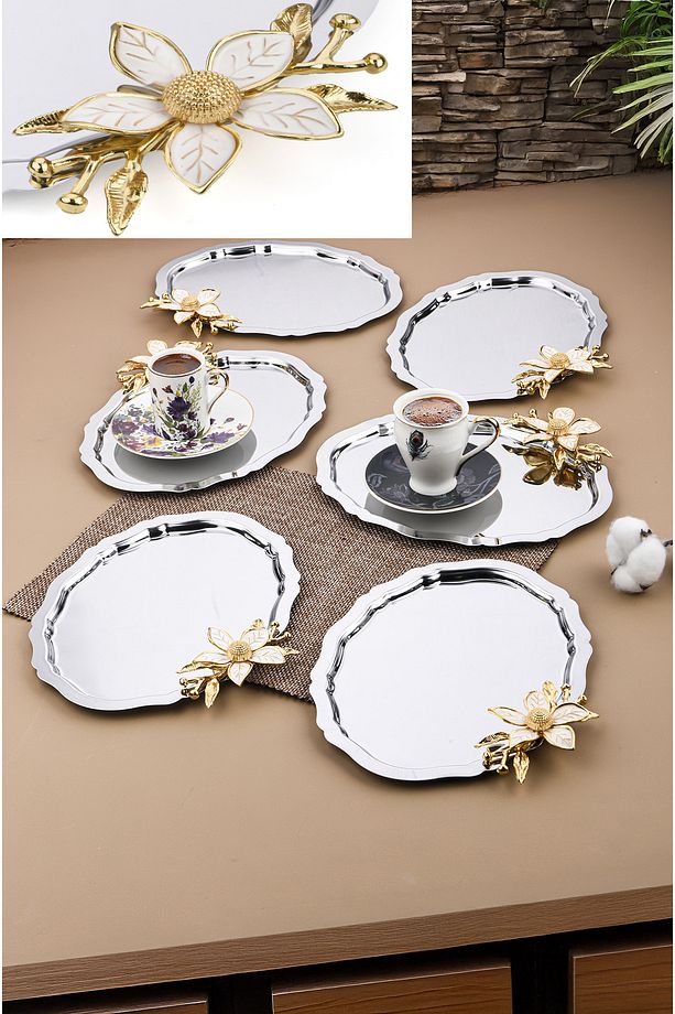 6 Adet Oval Papatya Çiçekli Kahve-çay Servis Ve Sunum Tepsisi 25x20 Cm - 1