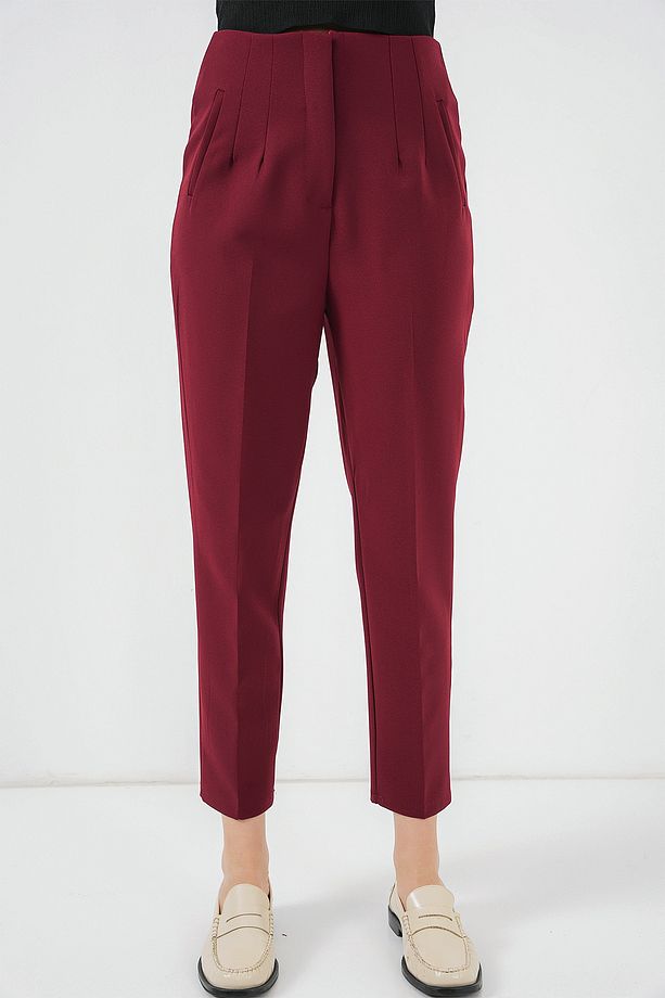 6650 Yüksek Bel Kumaş Pantolon - Bordo - 4