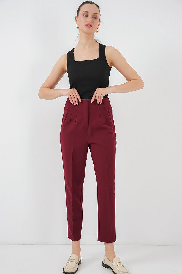 6650 Yüksek Bel Kumaş Pantolon - Bordo - 3