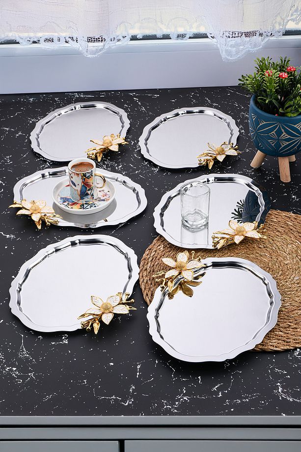 6 Adet Oval Papatya Çiçekli Kahve-çay Servis Ve Sunum Tepsisi 25x20 Cm - 2