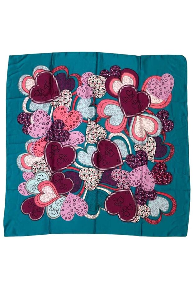 Heart Patterned Satin Petrol Green Scarf - 90X90