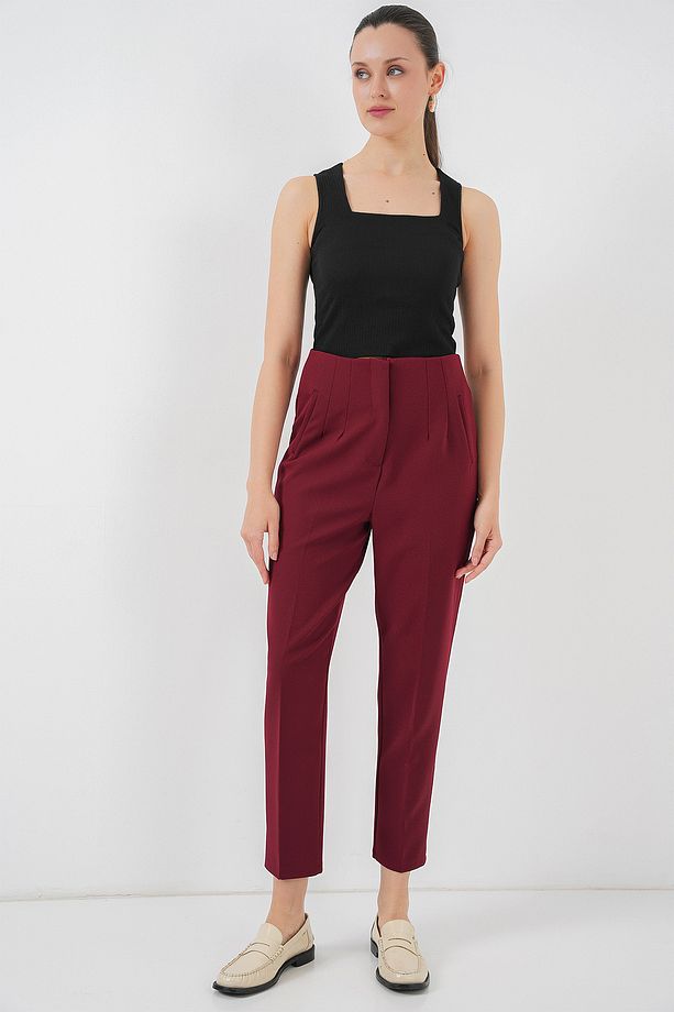 6650 Yüksek Bel Kumaş Pantolon - Bordo - 1
