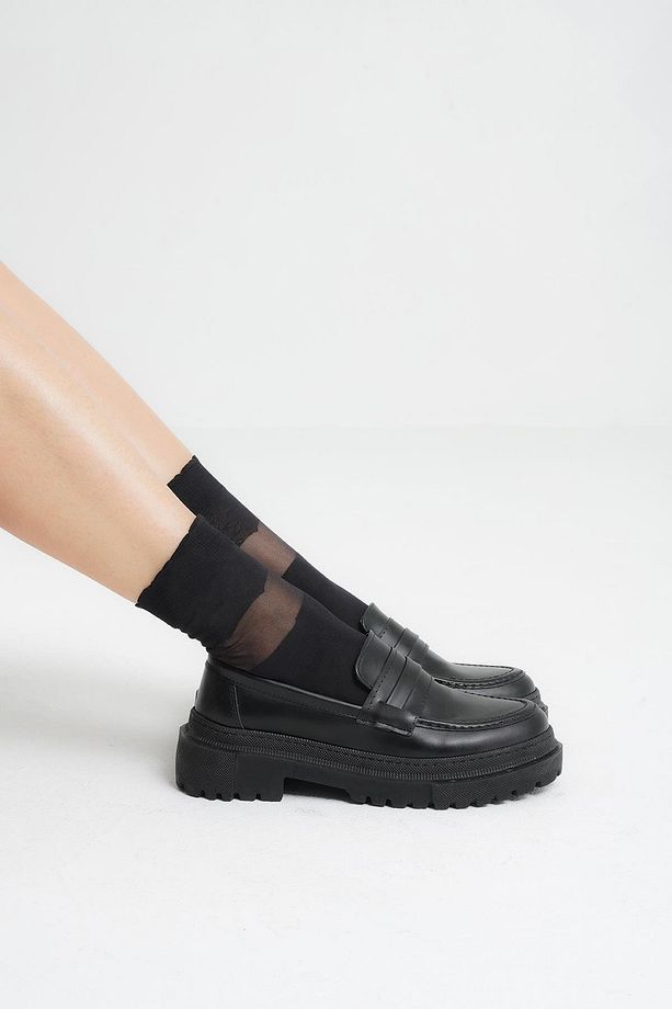 Kadın Siyah Deri Corteko Kalın Taban Loafer Makosen Ayakkabı 4,5cm Byndlfrk02 - 1