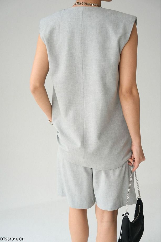 Kadın Gri Oversize Yelek-şort 2’li Takım - 7