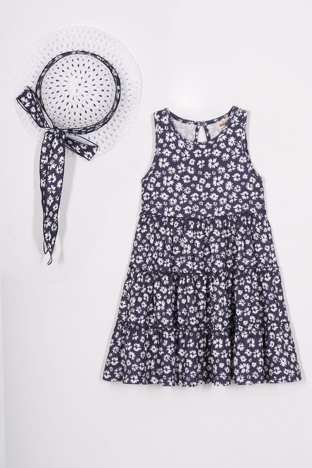 Crew Neck Floral Patterned Hat Accessory Navy Blue Color Girl's Dress