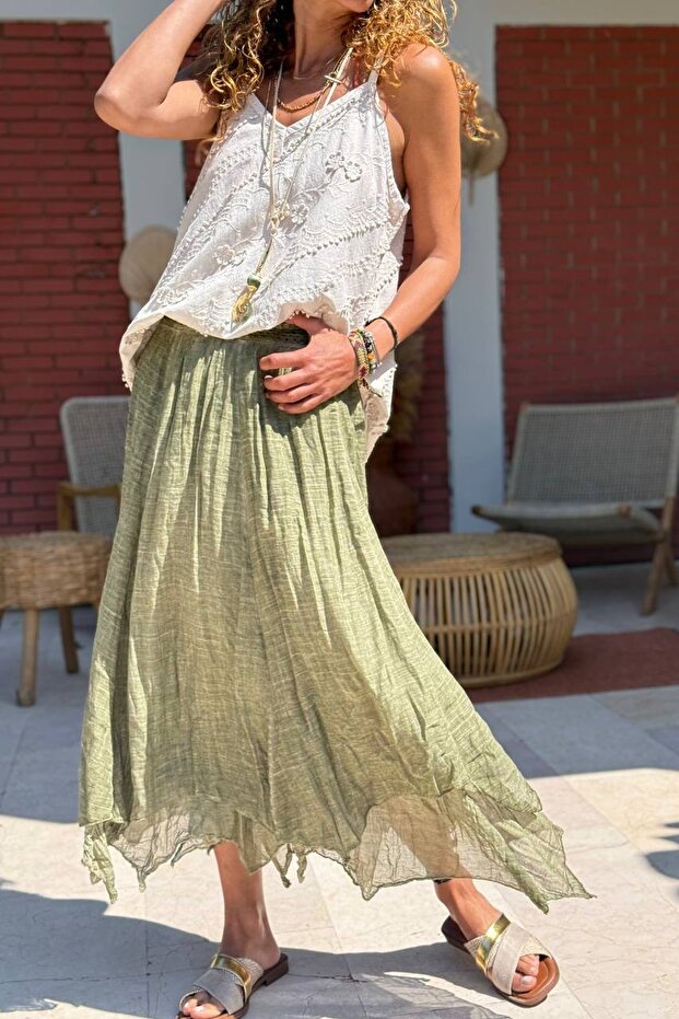 Khaki Layered Elastic Waist Wrapped Woven Flared Skirt 70 30