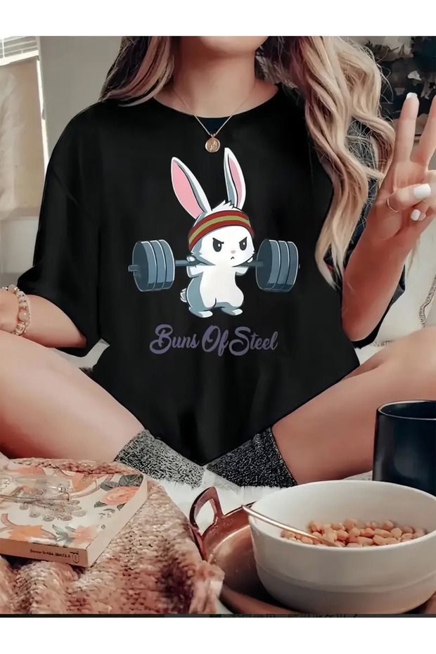 Unisex Fun Rabbit Printed Crew Neck T-Shirt