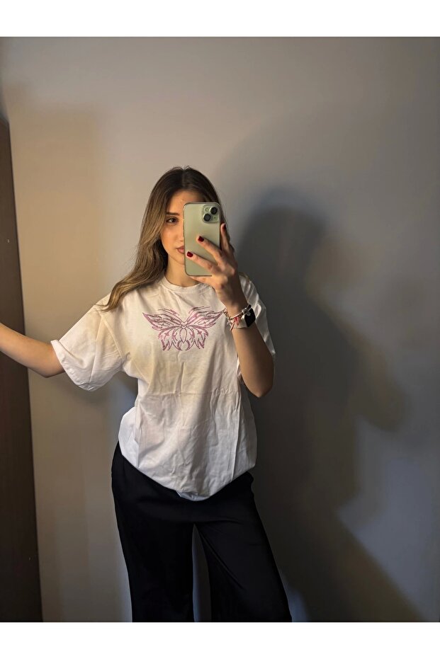 White Pink Butterfly Stone Printed Short Sleeve T-Shirt