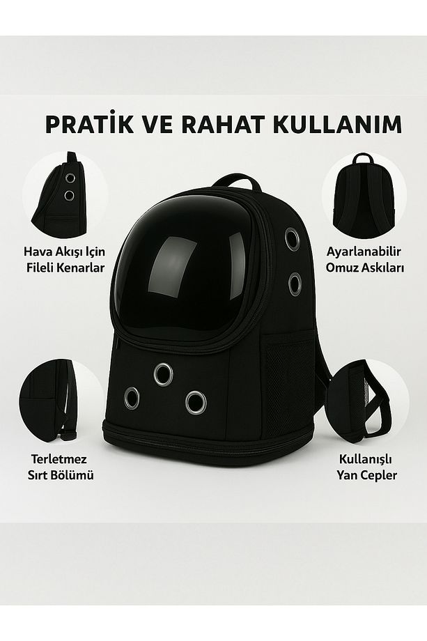 Yıkanabilir Şeffaf Kedi ve Köpek Taşıma Çantası 7 Hava Kanalı Fileli Ceplerle Pratik Kullanım Siyah - 2