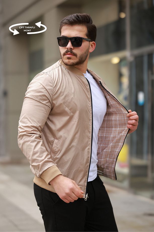 Çift Taraflı Ekose Desenli Mevsimlik Erkek Mont Krem - 4