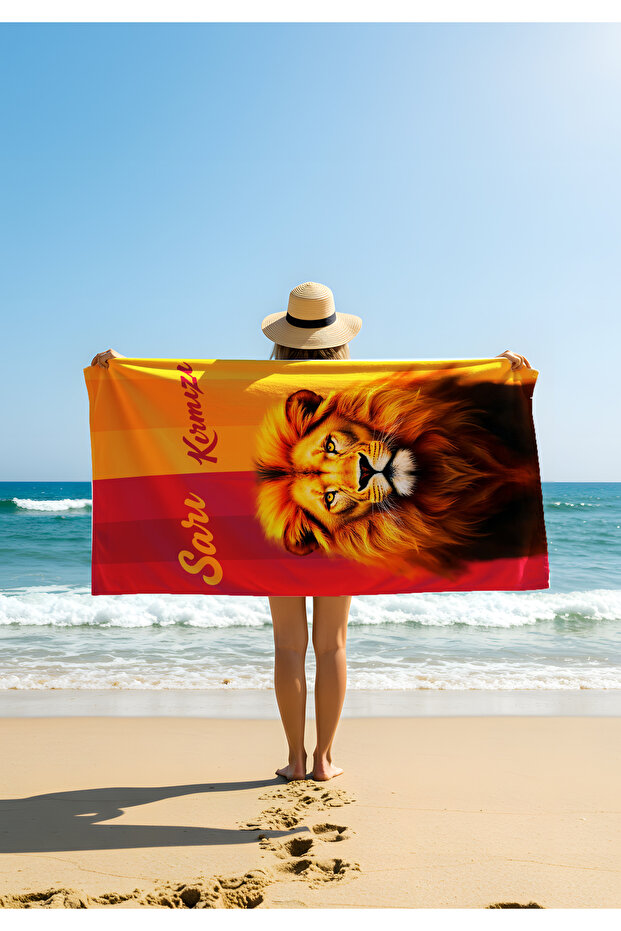 Lion Themed Yellow Red Beach Towel – Strong and Courageous Summer Design