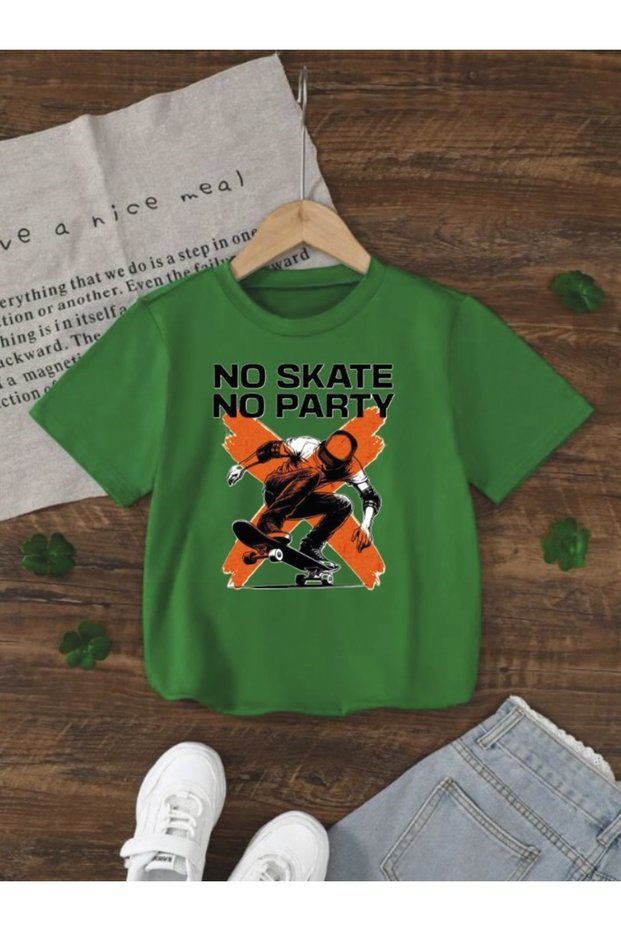 Boy's No Skate-No Party Printed Green T-Shirt