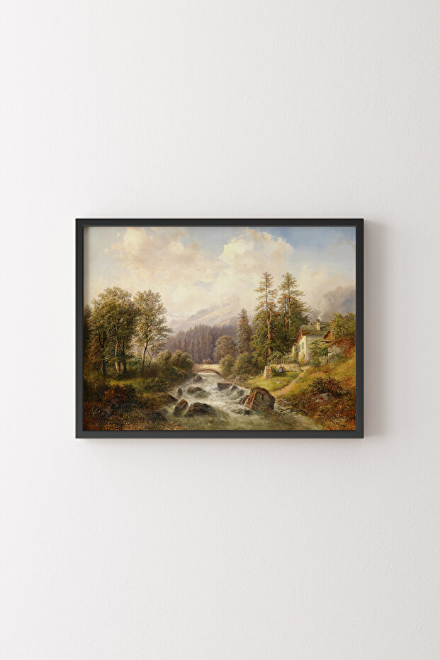 Idyllic Mountain Landscape with Farmhouses - Black Frame