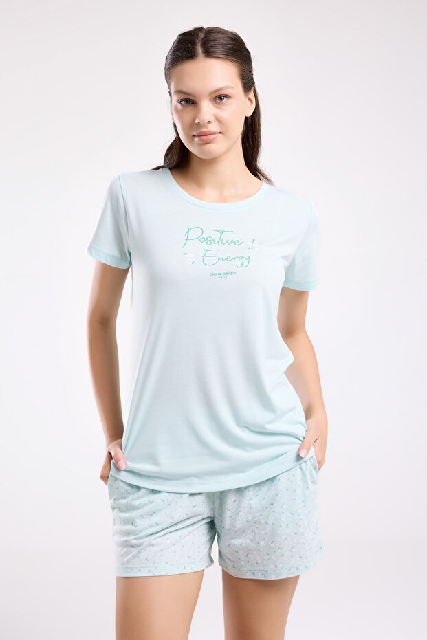 Kadın Mint Şortlu Cep Detaylı Kısa Kollu Pijama Takımı R.O.8.9.Z.E.8.8..L.T. - 1