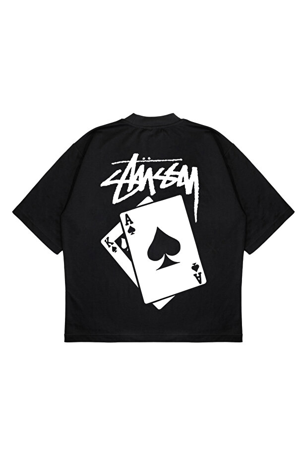 Unisex Oversize Stussy Playing Card Printed Boxy Fit Thick Fabric (240Gsm) T-Shirt