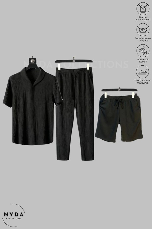 Bürümcük Set Lycra Crinkle Fabric Summer Women's Men's T-Shirt Black Sweatpants Shorts 3-Piece Set