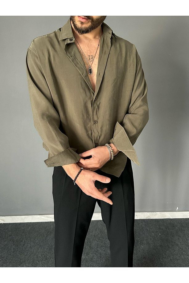 Modal Kumaş Haki Oversize Gömlek - 1