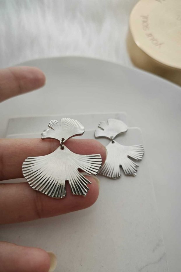 Ginkgo Leaf Dangle Silver Color Earrings