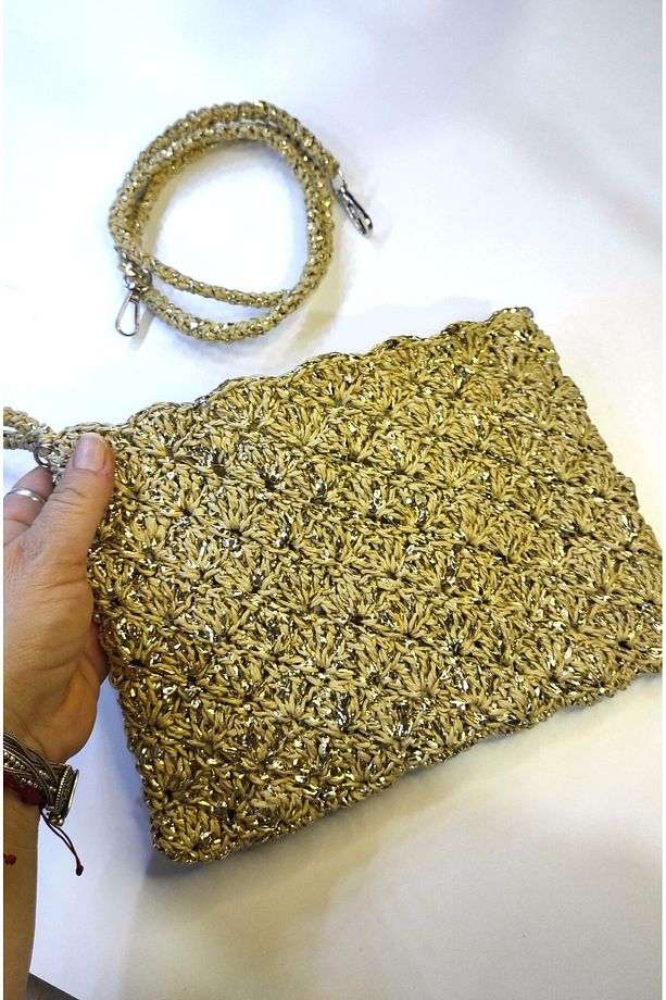 Hasır, Kağıt Ip ve Metalik parıltılı rafya ip ile elde örülmüş Clutch Çanta, Portvöy, El Çantası - 1
