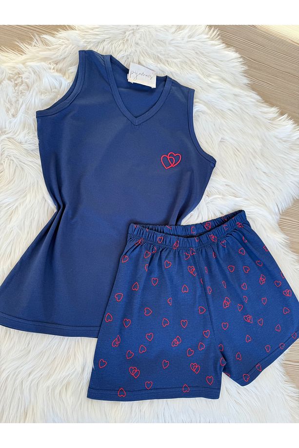 Lacivert Kalp Desenli Pamuklu İp Askılı Şortlu Pijama Takımı - 5