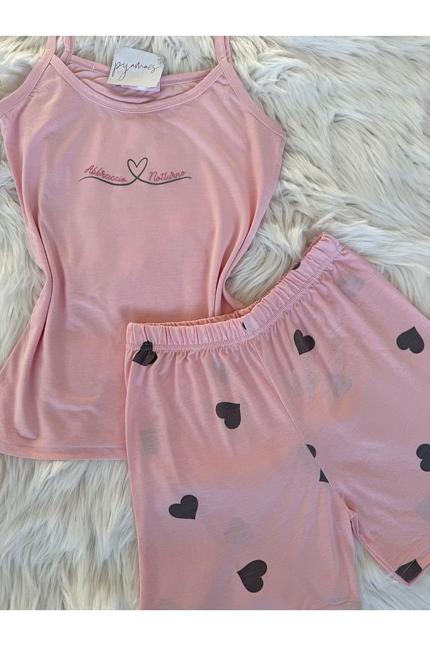 Pembe Kalp Desenli Pamuklu İp Askılı Şortlu Pijama Takımı - 7