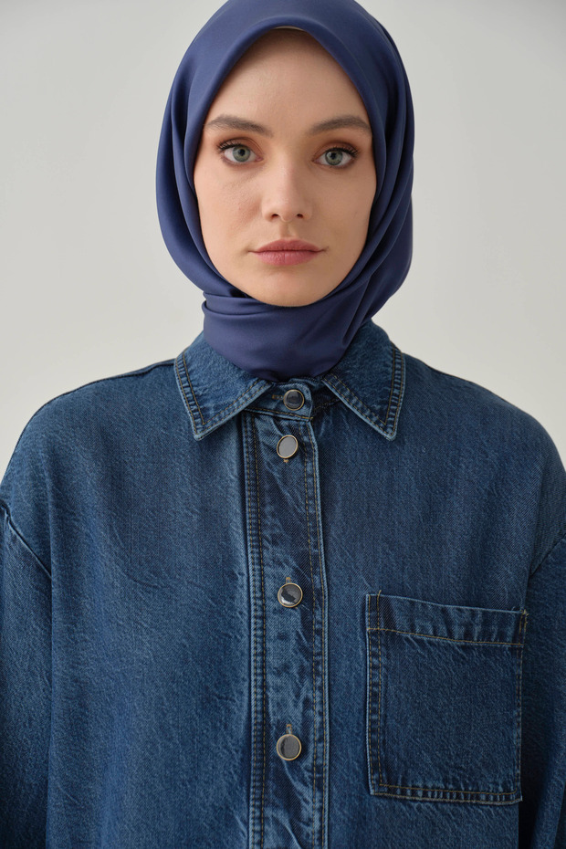 Yırtmaçlı Pat Detaylı Tunik - İndigo - 3