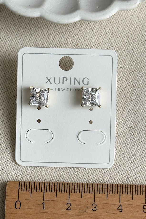 Xuping 14 K Taşlı Kare Mini Kadın Küpe Kadın Kararmaz Xuping Mini Küpe - 4