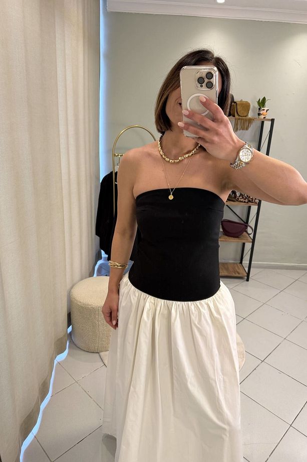 Straplez Poplin Etekli Siyah Ekru Elbise - 2