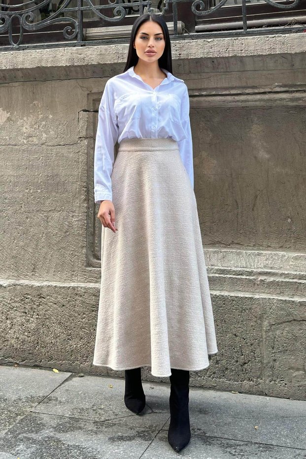 Mink Long Skirt with High Waist, Pockets, Kilograms Cutout, Gray Stamp