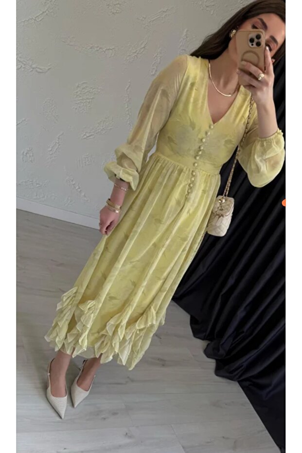 Soft Çiçekli Şifon Elbise Sarı - 2