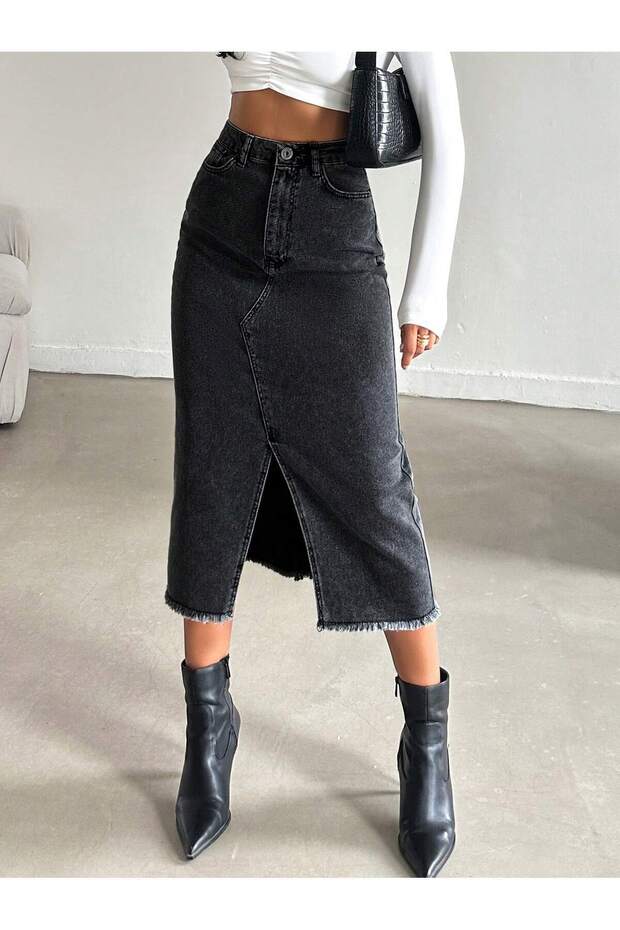 Women's Denim Cotton Slit Long Black Skirt