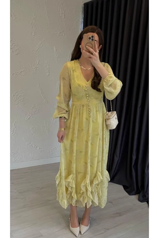 Soft Çiçekli Şifon Elbise Sarı - 5