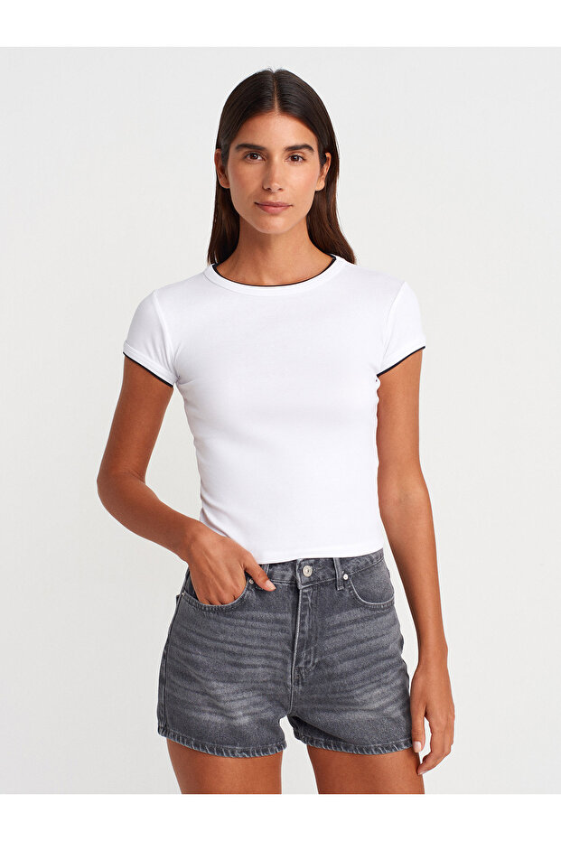 31750 100% Cotton Contrast Short Sleeve T-Shirt-White