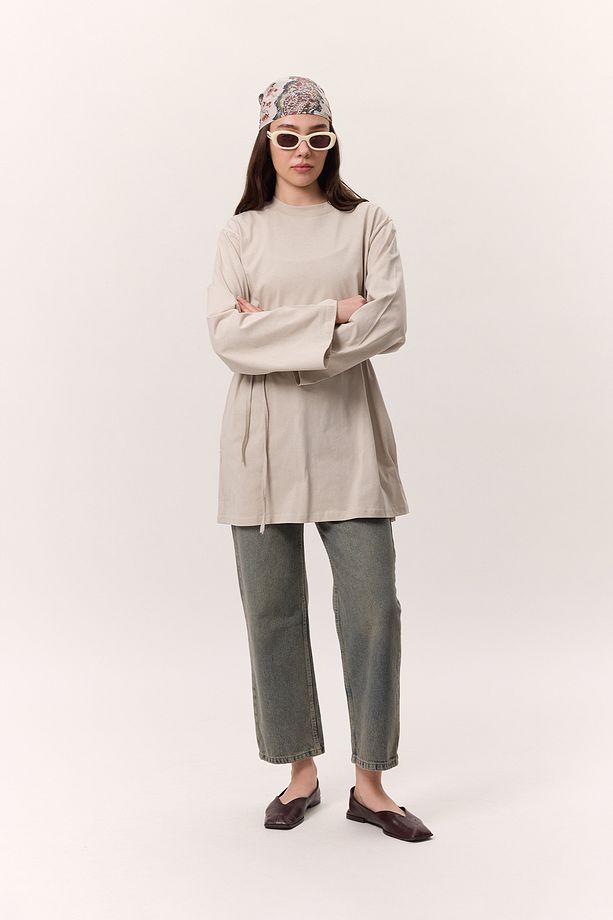 BAĞLAMA DETAYLI OVERSIZE TSHIRT TAŞ - 5