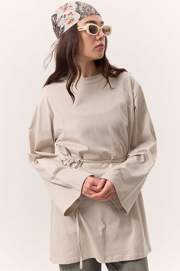 BAĞLAMA DETAYLI OVERSIZE TSHIRT TAŞ - 3
