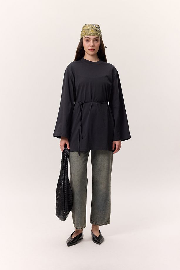 BAĞLAMA DETAYLI OVERSIZE TSHIRT ANTRASİT - 2