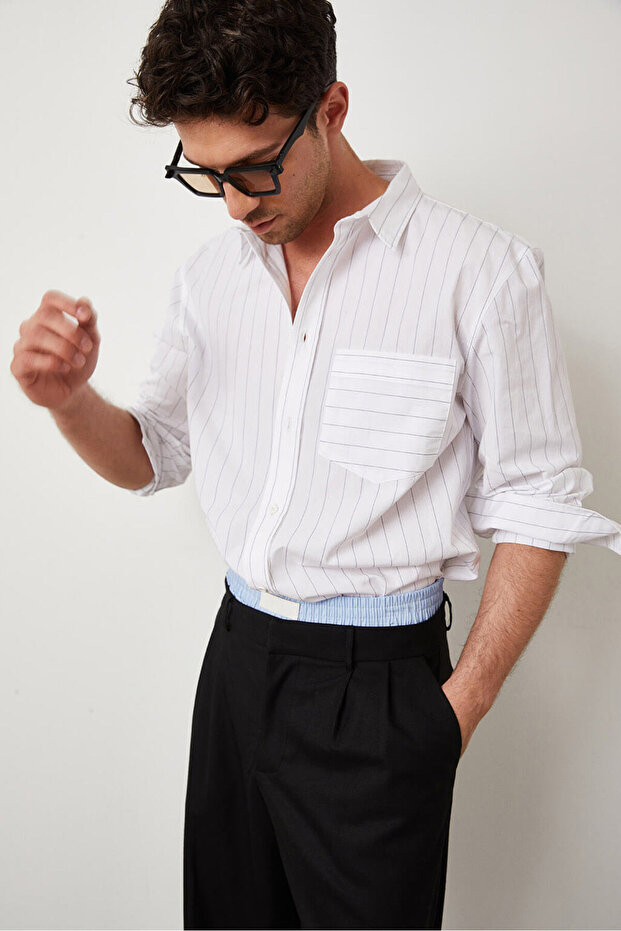 Poplin Çizgili Oversize Gömlek - 1