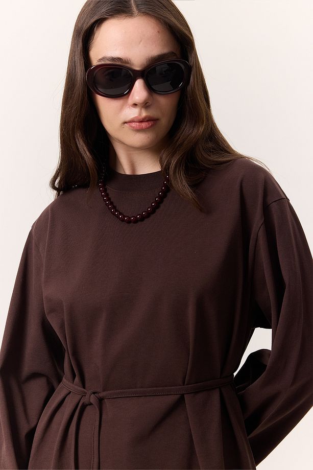 BAĞLAMA DETAYLI OVERSIZE TSHIRT ACI KAHVE - 7