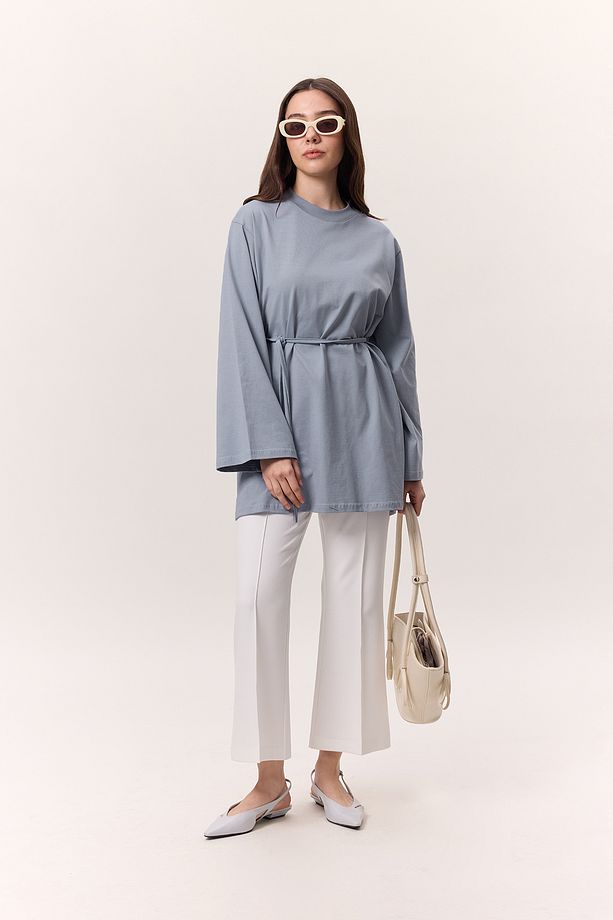 BAĞLAMA DETAYLI OVERSIZE TSHIRT MAVİ - 4