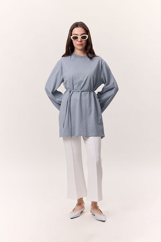 BAĞLAMA DETAYLI OVERSIZE TSHIRT MAVİ - 5