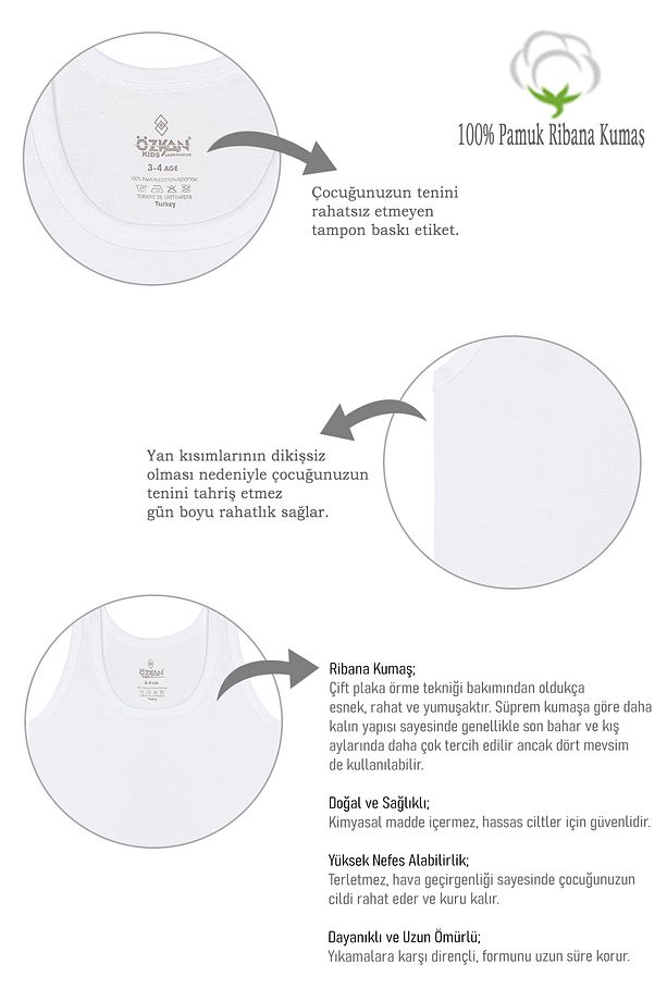 Özkan 0801 5'li Paket Erkek Çocuk %100 Pamuklu Ribana Kumaş Esnek Rahat Atlet - 3