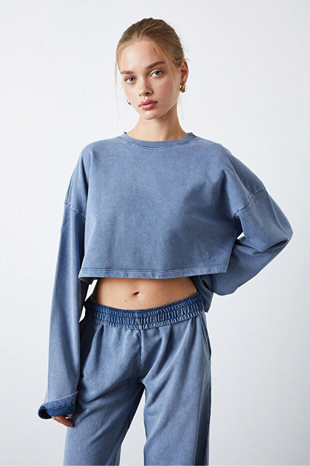 Yıkamalı Crop Sweatshirt - 3