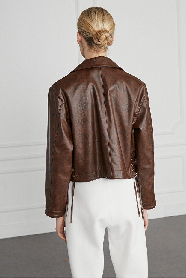 Biye Detaylı Deri Ceket - 5